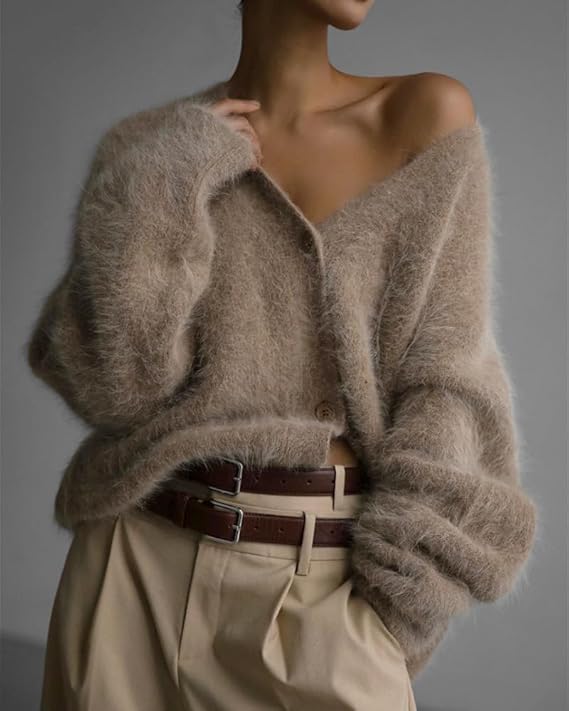 Image of Womens Fuzzy Sweaters Cardigan V-Neck Button Down Oversized Mohair Sweater Casual Y2k 2026 Fall Winter