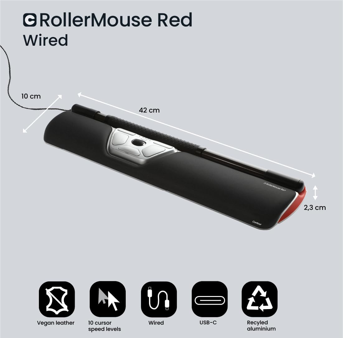 Contour RollerMouse Red Ergonomic Mouse for Shoulder Forearm Wrist Strain Relief for RSI Carpal Tunnel Centered Rollerbar 6 Customizable Buttons 10 Speed Settings Mac/PC Compatible - Wired - Regular - Image 5