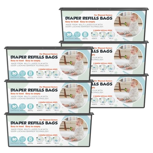 Diaper Pail Refills Bags with 30 Bags Compatible with Genie Easy Roll Signature and Platinum Diaper Pails, 7-Layer Odor-Barrier Technology, 6 Pack (180 Bag)