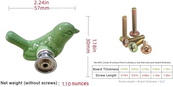 4Pack Green Cute Bird Design Cabinet Door Knobs, Ceramic Drawer Knobs with Mounting Screws, Vintage Cupboard Pull Handle