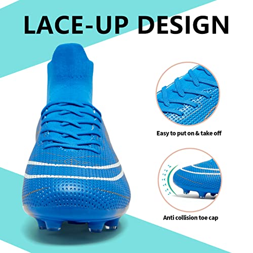 Soocvwolf Mens Soccer Cleats Unisex Soccer Shoes Fg/Ag High-Top Spikes Football Shoes For Big Boy Professional Training Turf Indoor Outdoor Boots Athletic Sneaker Blue Size 39 #TOP2
