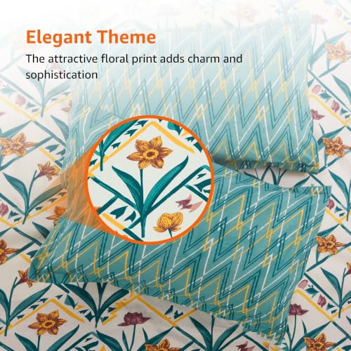 Image of Amazon Basics - 100% Cotton Flat Bedsheet | 144TC |King Bed Sheet with 2 Pillow Cover|Soft Cotton | Floral Print | 90 Inch x 108 Inch, Green