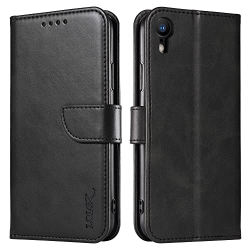 LOLFZ Wallet Case for iPhone XR Vintage Leather Book Case with Card Holder Kickstand Magnetic Closure Flip Case Cover for iPhone XR - Black