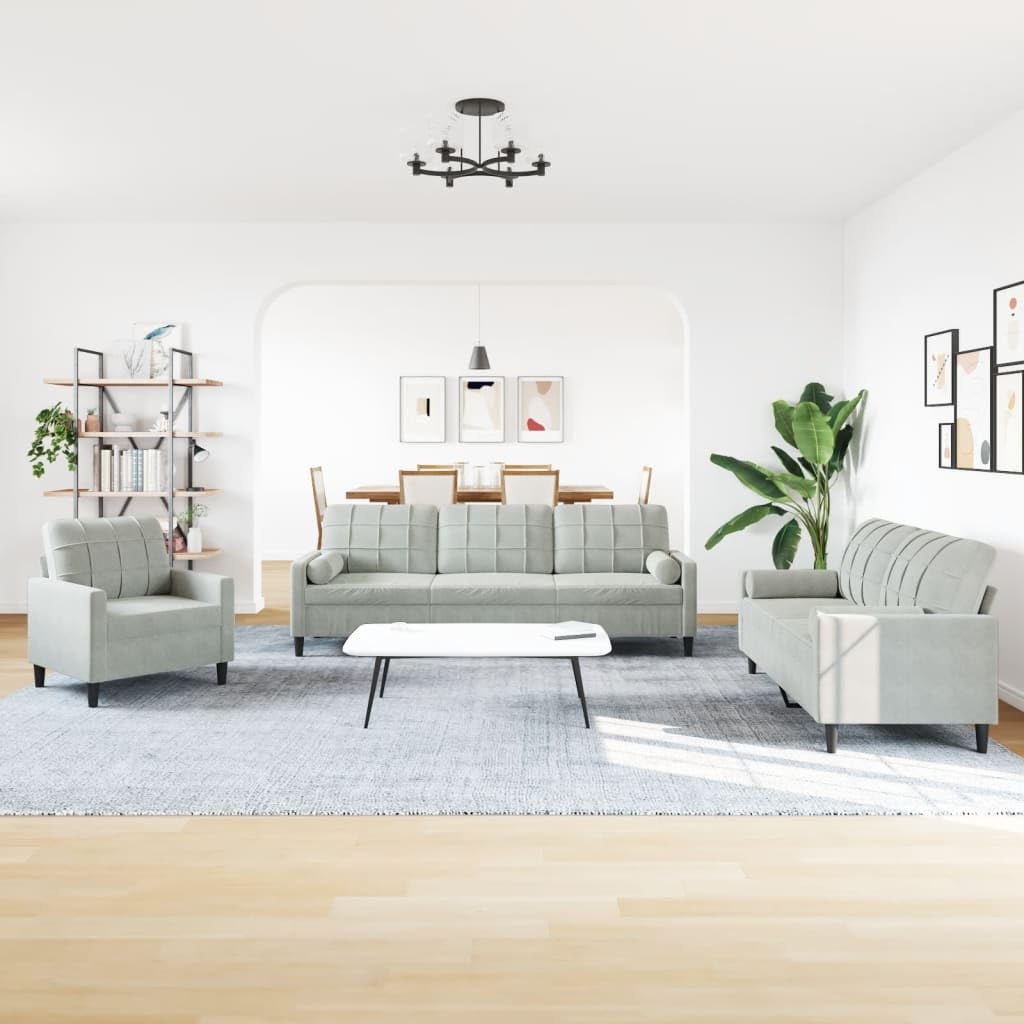 3-częściowy komplet sof, jasnoszary, aksamitny, w zestawie z fotelem, 2-i 3-osobowa sofa, z poduszkami i rolkami pod kark, wytrzymały metalowy stelaż do salonu