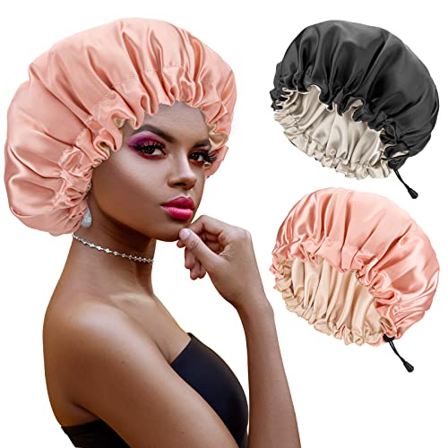 Atudew Satin Bonnet, 2PCS Silk Bonnet, Hair Bonnet for Black Women for Curly Hair Sleeping, Silk Sleeping Cap, Satin Sleep Cap, Satin Night Cap, Hair Cap for Sleeping, Sleep Bonnet, Adjustable