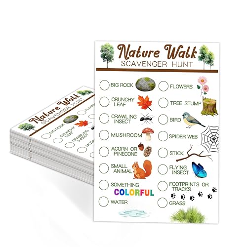 TNVDFNBR 30Pcs Nature Walk Scavenger Hunt Cards, Scavenger Hunt Cards Road Trip and Travel Activities, Spring Summer Holiday Party Supplies, Camping Games Outdoor Indoor Seek Activity