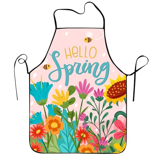 wonmon Hello Spring Apron for Men Women, Spring Flower Aprons Floral Apron for Adult Kid Chef, Kitchen Aprons for Springtime Gift Dinner Cooking Baking Gardening Party Supplies Decoration