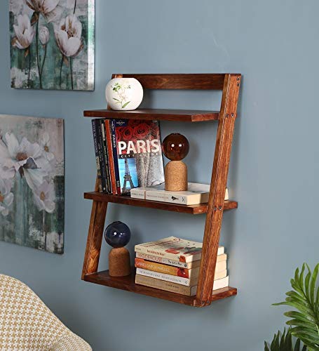 Wefour Wooden Wall Mounted Ladder Book Shelves for Living Room | 3 Tier Shelf for Bathroom | Sheesham, Honey Finish-image-43