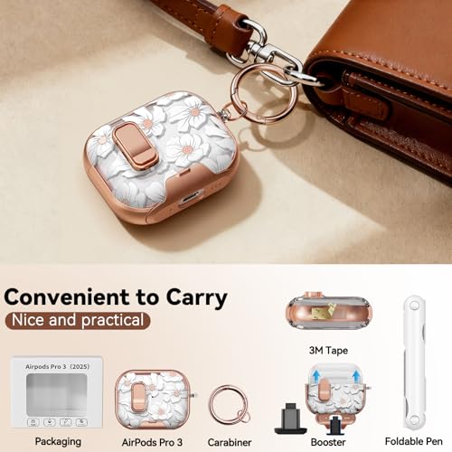 Image of for AirPod Pro 3 Case 2025, with Safty Lock & Phone Stand for Floral AirPod Pro 3 Generation Case Cover for Women Girly, iPod Pro 3 Cases with Keychain & Cleaner Kit -White Lily