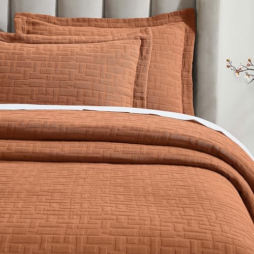 Superior 3 Piece Cotton Bedspread Sham Set, Home Decor, Decorative Bed Spread, 2 Pillow Shams, Medium Weight, Matelasse Coverlet, Bedding Essentials, Madrid Collection, California King, Burnt Orange