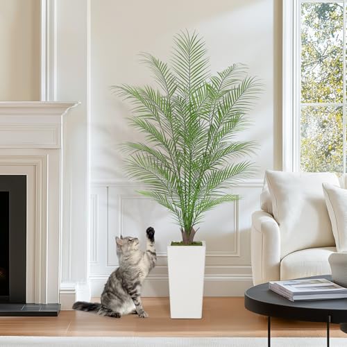 5FT Fake Palm Tree Faux Areca Palm Plants with 32 Full Lifelike Palm Leaves Realistic Trunks Fake Tropical Palm Tree for Indoor Home Office Outdoor Yard Décor with Tall Trapezoidal Prism White Pot