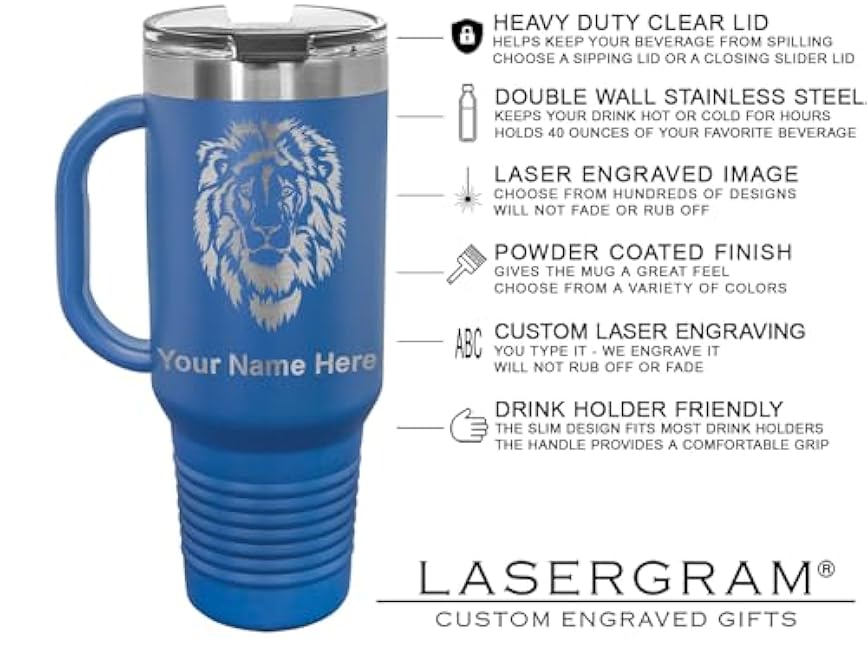 LaserGram 40oz Vacuum Insulated Travel Mug with Handle, Bowling Ball and Pins, Personalized Engraving Included (Dark Blue)