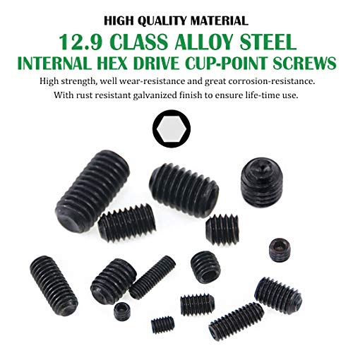 Keadic 450Pcs Set Screws 15 Sizes Cup Point Set Screws Allen Head Hex Socket Head Grub Screws Internal Hex Drive Cup-Point Screw Assortment Kit for Bathroom Fixtures, M3 M4 M5 M6 M8, Metric, Black