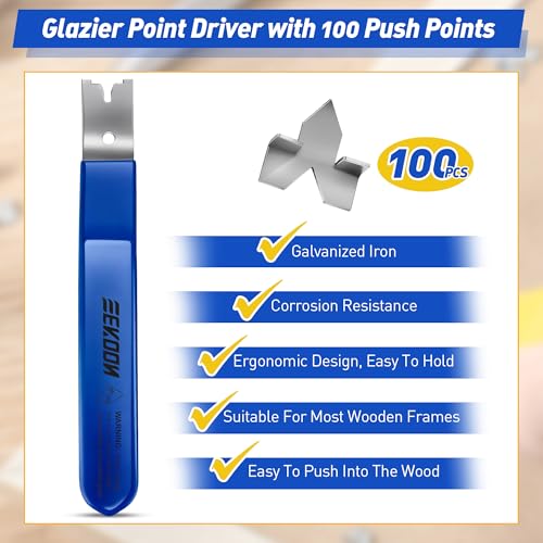 Image of Feekoon Glazier Point Driver, Glazier Setting Tool with 100 Push Points, Glazing Push Point Driver Tool for Framing Glass Picture Cross Stitch (Blue,1 Pack)