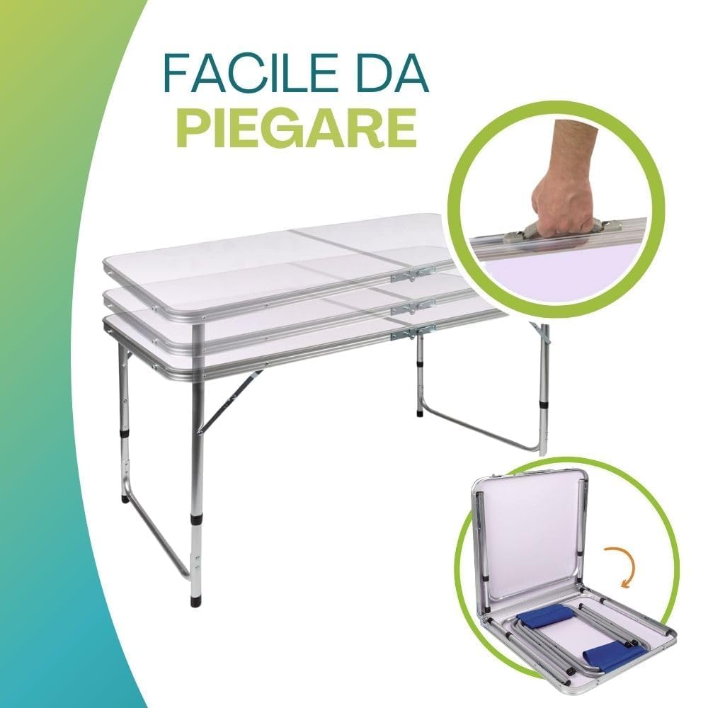 PALUPLUS Set Tavolo Campeggio in Alluminio con 4 Sgabelli pieghevoli di colore Blu, Tavolino da 121x61,5x70 cm, Design Pieghevole a Valigetta con Maniglia, Set per picnic, gita -8095F