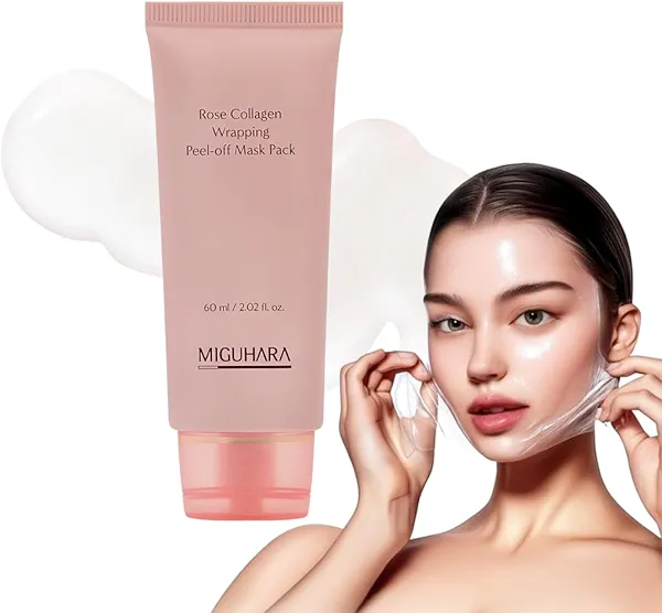 Rose Collagen Wrapping Peel-Off Mask Pack, Facial Mask with Damask Rose Water, Hydrolyzed Collagen & Botanical Fruit Extracts for Hydrated, Glowing Look & Korean Glass Skin (60ml/2.02 fl.oz.) (Pink)
