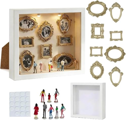CLIUNT DIY Mini Museum Silhouette Box, Personalized DIY Photo Family Memory Display Case, Cajas Marcos Fotos Museo En Miniatura con 8 Marcos Dorados y 8 Figuras Aleatorias para Bodas, Aniversario