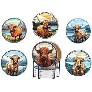 Highland Cow Gifts for Women Scottish Cow Gifts 6 PCS Ceramic Coasters Absorbent with Cork Base Home Decor for Family Housewarming Thanksgiving Birthday Christmas