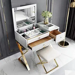 Vandana Interiors Luxury Makeup Vanity Set with Stool, Flip-top Mirror, 2 Drawers, Slot Compartments, PU Leather, Piano Finish, Gold Frame, White