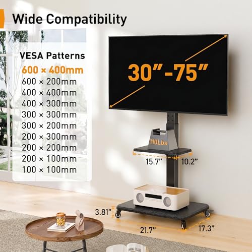Image of Perlegear Rolling TV Stand with Wheels for 30-75 Inch TVs up to 110 lbs