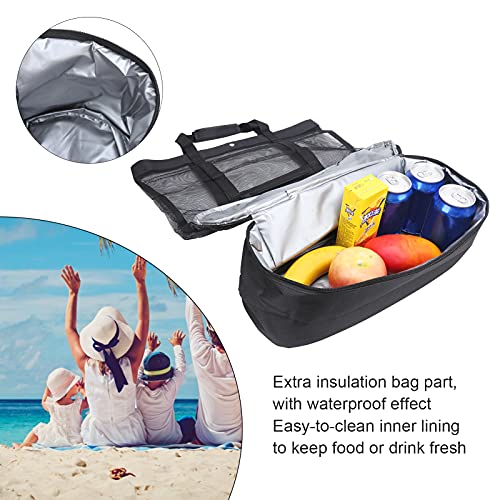 Camping Beach Mesh Tote Bag with Detachable Cooler Bag Picnic Ice Bag Insulated Cooler Pouch Multifunctional Packing Organizer Lightweight Durable Canvas for Outdoor Activities (Black)4
