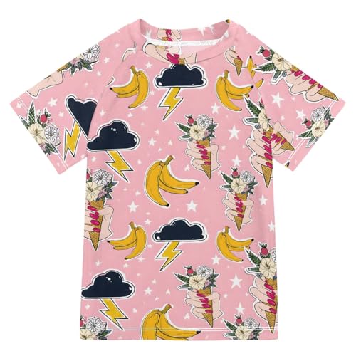 ALAZA Kids Rash Guard Girls Toddler Swim Shirts Short Sleeve Flower Banana Funny UPF 50+ 3T