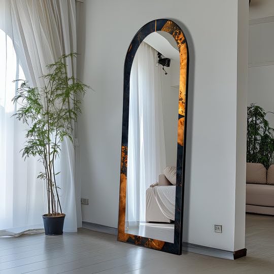 Specchio da pavimento in marmo nero e oro, lunghezza totale, lunghezza completa, specchio ad arco a tutta lunghezza - Specchio da pavimento colorato a corpo intero con cornice nera