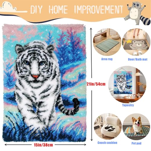 Image of EMISTEM Latch Hook Kits for Adults - DIY Latch Hook Rug Kits, Crochet Kit for Beginners, Rug Making Kits with Printed Canvas, Gift Packaging.(White Tiger Walking on Snow, 20x15)