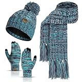 INSISMY Mütze Schal handschuhe Set Winter Weich Warm Pelzgefütterte Bommelmütze Langer Schal mit Quaste und Touchscreen Handschuhe Set 3-teiliges Melange Gestrickt Damen Unisex