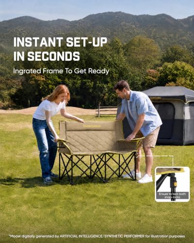 Image of FanttikOutdoor Zeta L11 Duo Pro Double Camping Chair, 2 Person Portable Folding Couch, High Strength Loveseat with Cup Holder & Carry Bag for Travel, Games, BBQ, Backyard, Support up to 600 lbs, Khaki