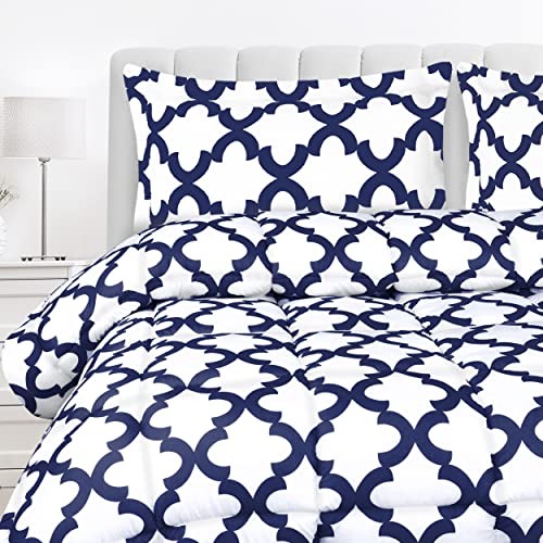 Utopia Bedding Juego de edredón King (Blanco y Azul Marino) con 2 Fundas de Almohada, Juegos de edredón de Cama, edredón Alternativo de plumón, Suave y cómodo, Lavable a máquina