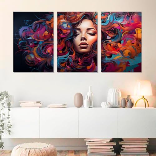 Hair Salon Canvas Wall Art, Beautiful Woman Multicolored Hair Graffiti