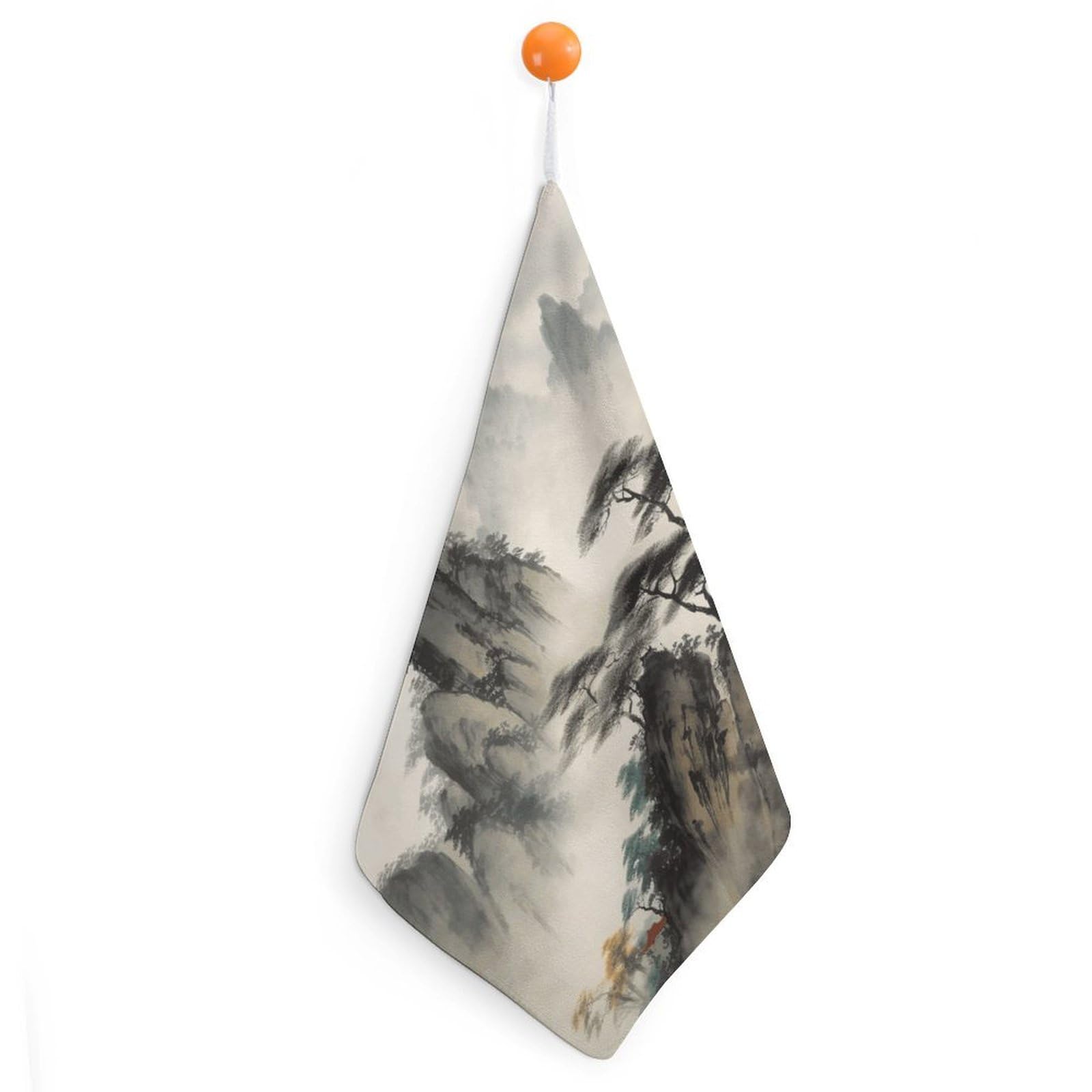 FodPand Chinese Landscape Painting Hand Towels with Hanging Strap Fade Resistant Reusable Face Cloths Premium Dish Cloths Absorbent Washcloth Soft Small Towels for Kitchen Bathroom 11x11in