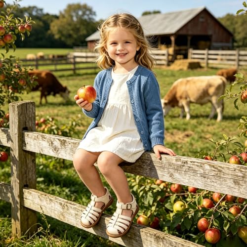 Image of Toddler Girl Sandals with Flower, ‌Breathable Leather kids Closed Toe Sandals, Soft Rubber Non-Slip Summer Shoes for Little Girls 2-7 Years