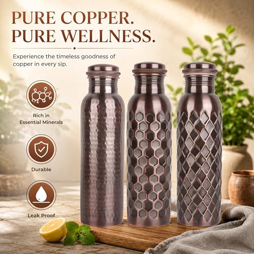 Image of Copper Water Bottles , Set of 3 with Hammered, Diamond & Honeycomb | 100% Pure Copper, Hammered /Diamond /Honeycomb Textures, Antique Finish, Leak-Proof Screw-Top, Wide Mouth, Handcrafted