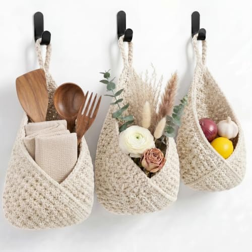 Image of Honeydak 3 Hanging Baskets, White, Triangle, Cotton Rope