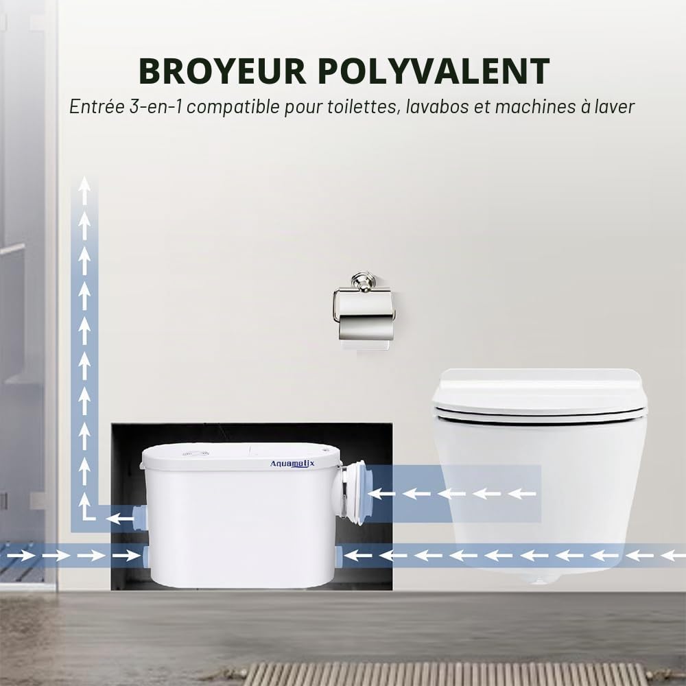 Aquamatix Silencio S Broyeur Sanitaire 400W Pompe de Relevage 145L/min pour WC suspendus 3 entrées Distance de pompage verticale de 8m avec filtre à charbon