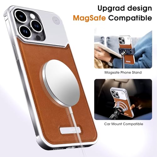 Image of Business Leather Phone Case Compatible with iPhone 16 Pro Case Wireless Charging | Aluminum Alloy Eco-Friendly Cloth Aroma Therapy Phone Case (Gold)