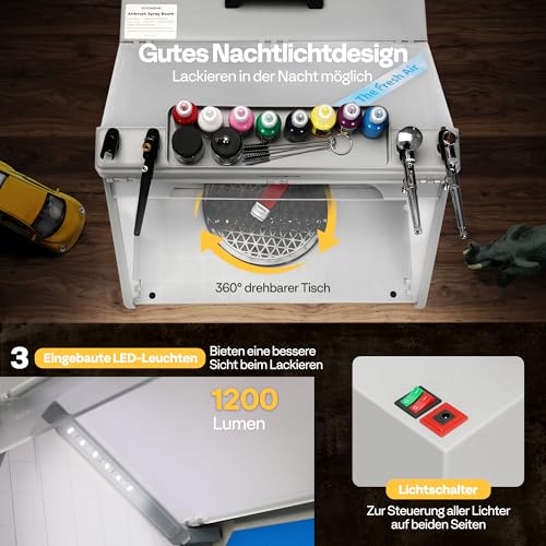 VIVOHOME Airbrush Absauganlage tragbare Spritzkabine mit 3 LED Beleuchtung mit Farb- und Spritzpistolenständern Drehtisch und Filterschwamm für Kuchen Nagel Spielzeug Modellbau Lackierarbeiten