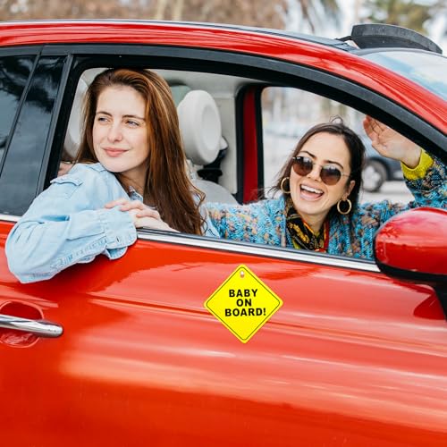 Image of COMNICO Baby on Board Signs for Car, 2 Pcs 5 inchx5 inch Baby on Board Decal Safety Car Sign with Double Suction Cups Bright Yellow Reusable Car Warning Signs Durable Baby on Board Sticker for Car