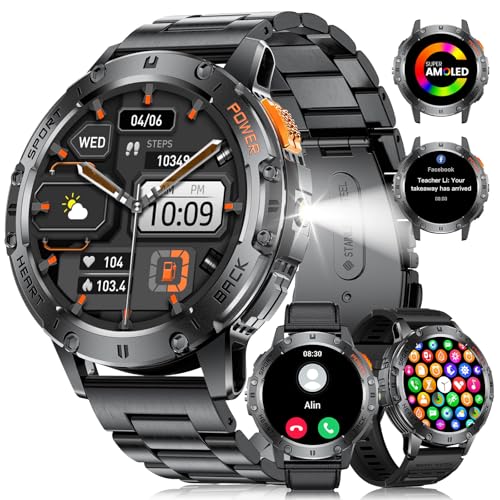 LIGE Smart Watch for Men with Flashlight,1.43" Smartwatch with 530mAH,Always Display,100+ Sports Modes,Health Tracker,IP68 Waterproof Smart Watch for Android iOS Black 3 Straps