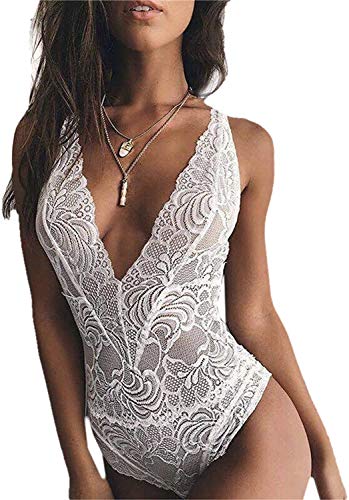 SYMALL Ropa Interior de Algodón Encaje para Mujer Lencería de Dormir Vestido Cuello V Profundo Espalda Descubierta Cordón de la Muñeca, Blanca XL