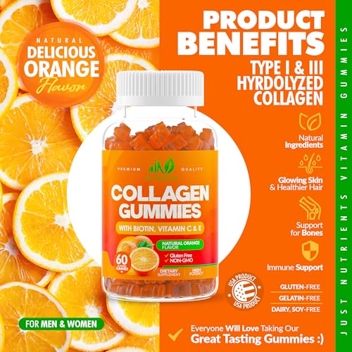Collagen Peptides Gummies with Biotin, Vitamin C & E for Women & Men - Premium Hydrolyzed Collagen Type I & III for Hair, Skin & Nails Support - Gluten-Free, Non-GMO - 60 Gummies (30 Servings)