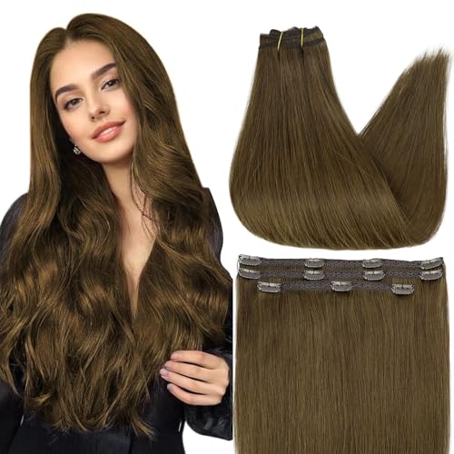 Image of Full Shine Medium Brown Clip in Extensions Human Hair | Clip in Brown Hair Extensions, Smooth Blend, for Work, 14 Inch 3 Pcs 60g
