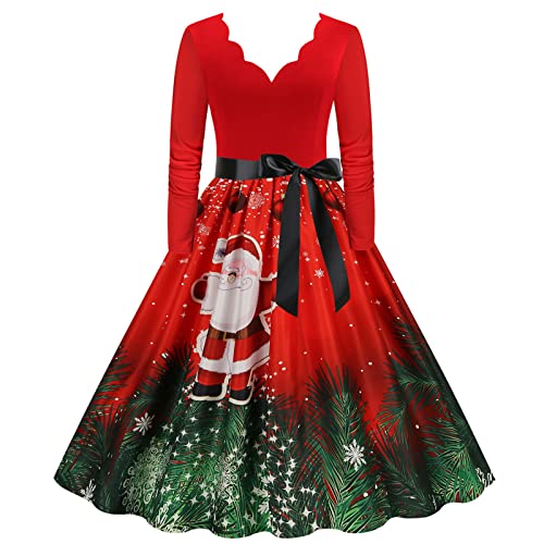 Weihnachten Kleid Damen, Ugly Christmas Blusenkleid Langarm Kleider Weihnachtskleid V-Ausschnitt Abendkleider 50er 60er Rockabilly Slim Fit Faltenrock...