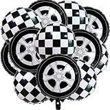 12PCS Foil Race Car Balloons – 6PCS Tire Balloons and 6PCS Checkered Racing Balloons 18 Inch Mylar Balloons White and Black Balloons Checkered Racing Wheel Balloon Racing Foil Wheel Balloon Race Car