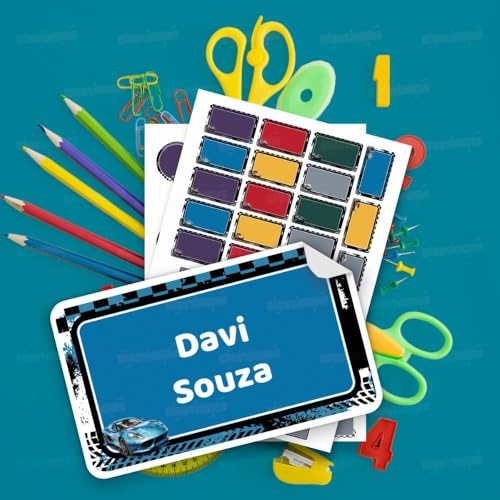 Kit de Etiquetas Escolares Personalizadas Carros 02 tema corrida, para identificação de cadernos, livros, estojos, mochilas, lancheiras e garrafinhas com nome da criança