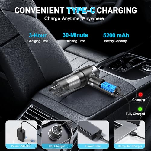 Image of KMM Handheld Car Vacuum Cleaner, 10000PA Hand Held Vacuum & Air Duster | 120W High Power, Portable Cordless, Rechargeable with Multi-Nozzles & LED Light for Home, Car, Office