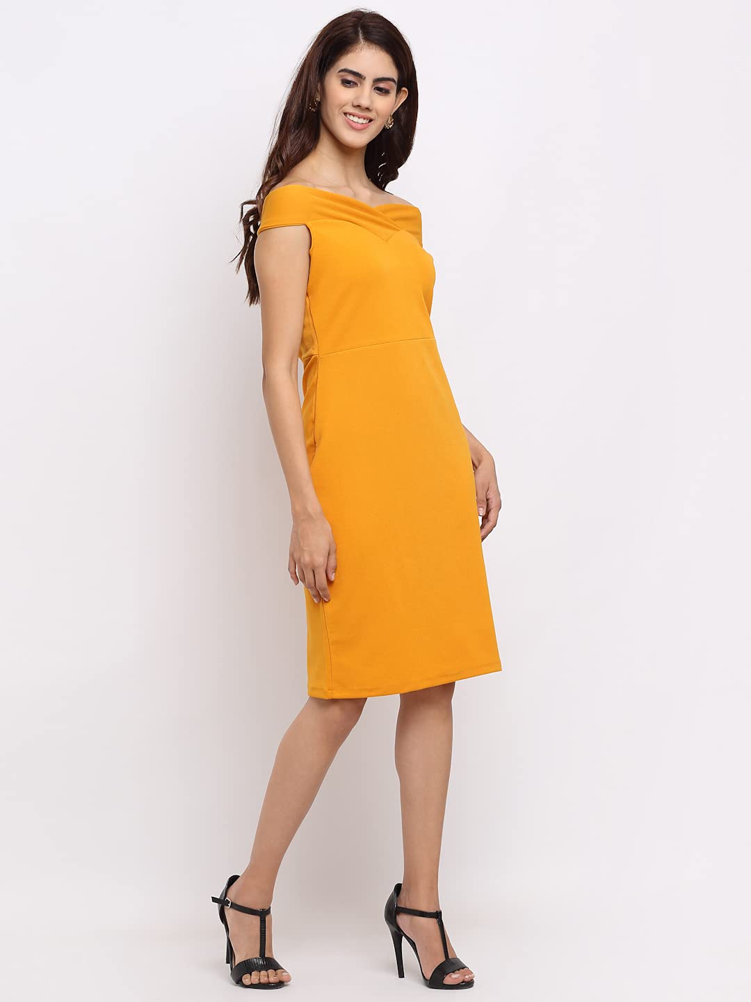 Shasmi Women's Comfortable Mustard Sweetheart Neck Sleeveless Solid Midi Bodycon Casual Western Stylish Dress For Womens/Midi Dress For Girls (Shree Midi 16 Mustard S)