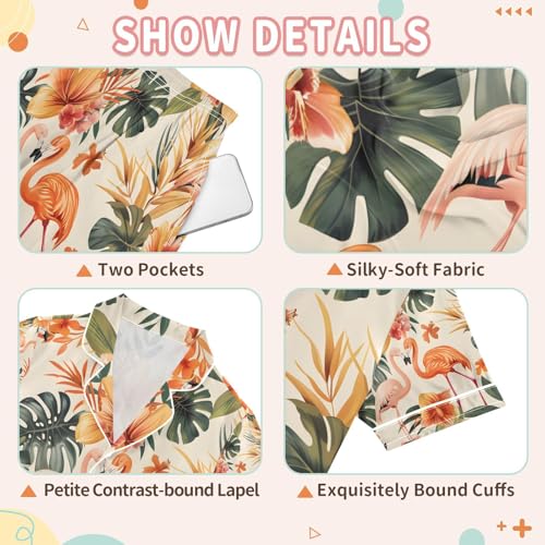 senya Colorful Leafs and Flamingos Satin Summer Pajama Sets Silk Short Sleeve Button Down Sleepwear3